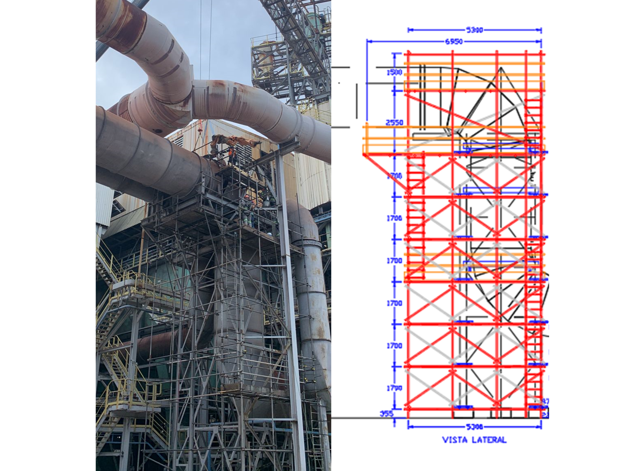 Comparativo entre projeto técnico de andaime e execução real em unidade industrial Albras - OSP Engenharia