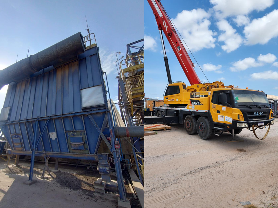 Montagem comparativa mostrando um filtro de mangas industrial azul e um guindaste Sany STC 800 amarelo em operação no Terminal de Grãos Ponta da Montanha em Barcarena.