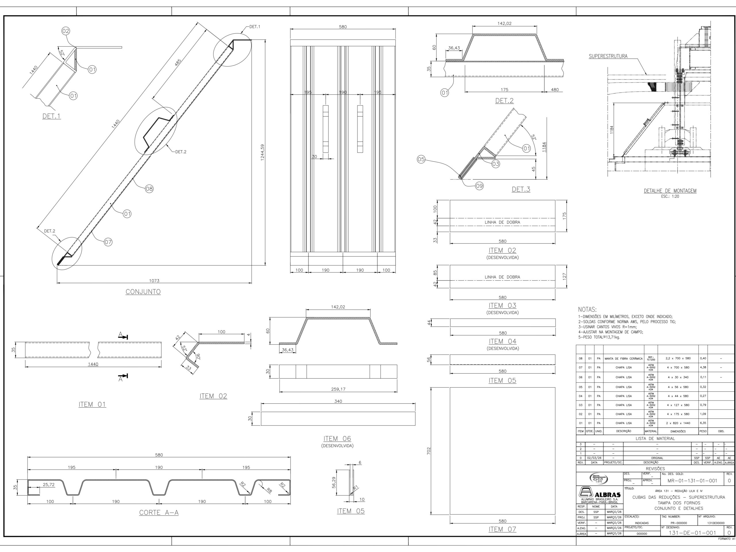 Desenho técnico industrial detalhado de conjunto de tampas metálicas para canaletas Albras, incluindo cortes, vistas isométricas, lista de materiais e especificações de dobra.