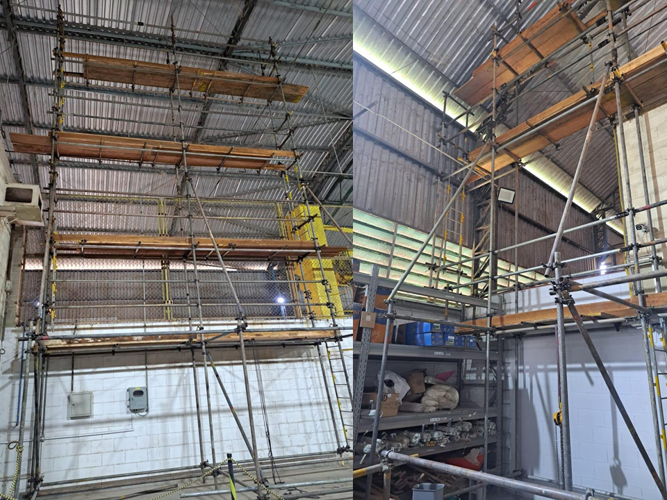 Laudos Mecânicos – F.G. Construção Montagem de torre de andaime tubular interno com múltiplos níveis de plataformas de madeira em galpão industrial do Terminal de Grãos Ponta da Montanha (TGPM).