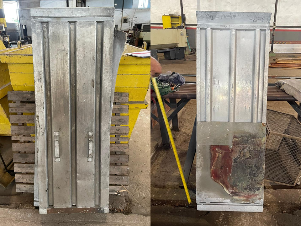 Composição de duas fotos mostrando tampas metálicas industriais de aço galvanizado com vincos estruturais e alças, sendo medidas com trena em oficina de caldeiraria.