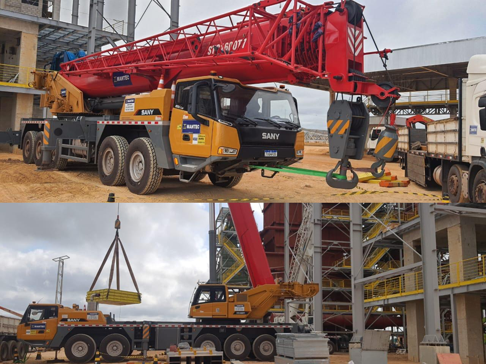 Composição de fotos mostrando um guindaste Sany STC600S amarelo da Mantec realizando içamento de carga pesada em obra industrial da Coimbra em Barcarena.