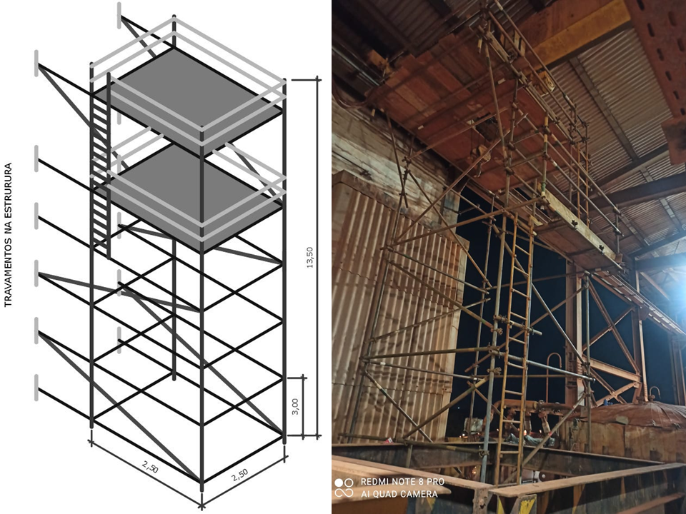 Composição técnica mostrando à esquerda o projeto 3D de uma torre de andaime com 13,50 metros de altura e travamentos na estrutura, e à direita a execução real do andaime montado em área industrial.

