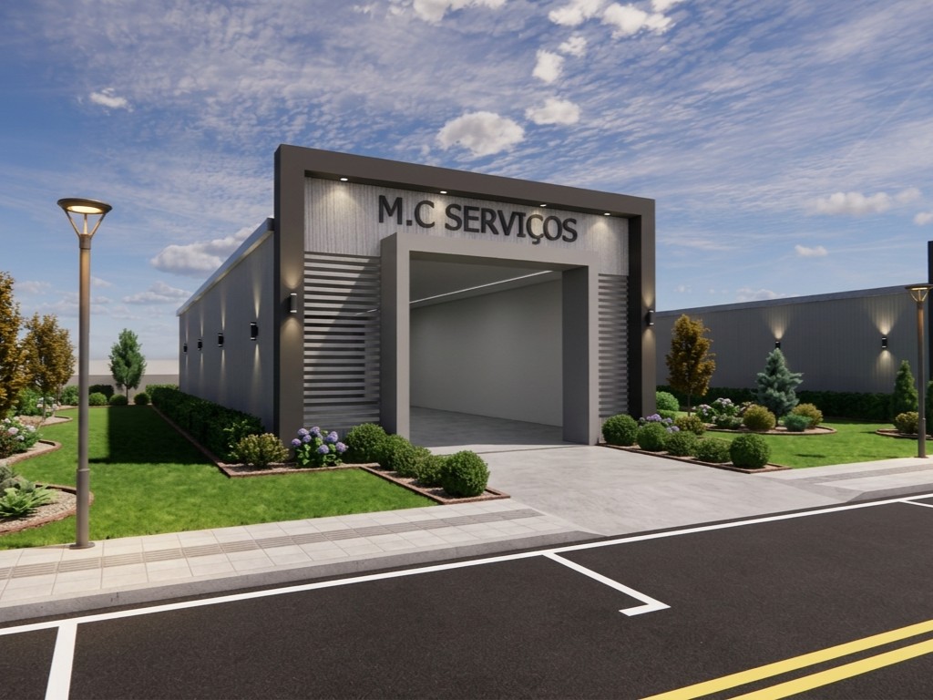 Renderização 3D de fachada de galpão comercial moderno com letreiro M.C SERVIÇOS, apresentando acabamento cinza, detalhes ripados, iluminação decorativa e paisagismo.