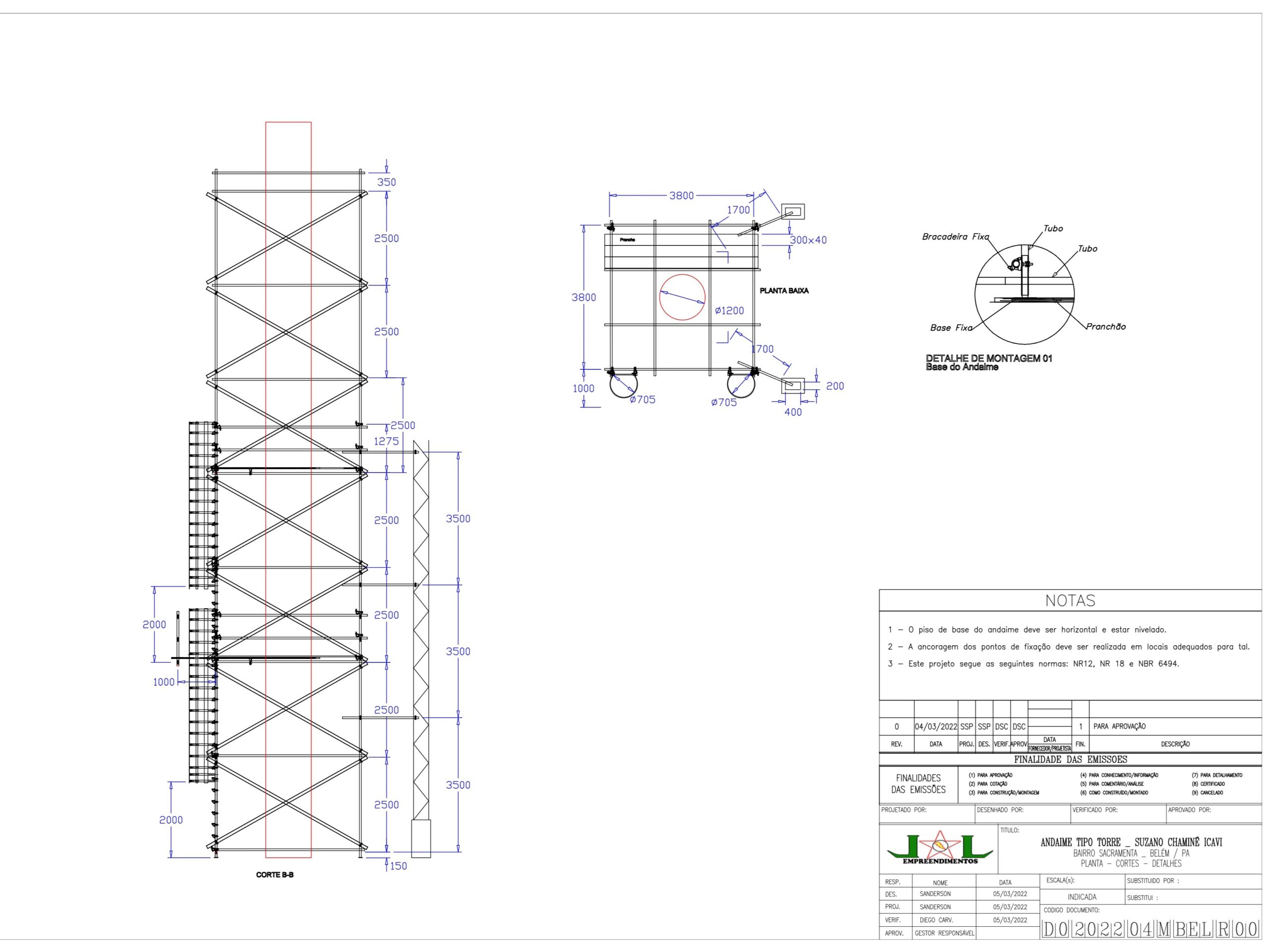 Prancha técnica de engenharia da JL Empreendimentos detalhando o projeto de andaime tipo torre para a chaminé KAV1 da Suzano em Belém, com cortes e plantas.