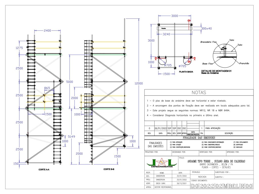 Desenho técnico de engenharia da JL Empreendimentos para andaime tipo torre na Área de HBSA, com cortes A-A e B-B, planta baixa e detalhes de montagem da base.