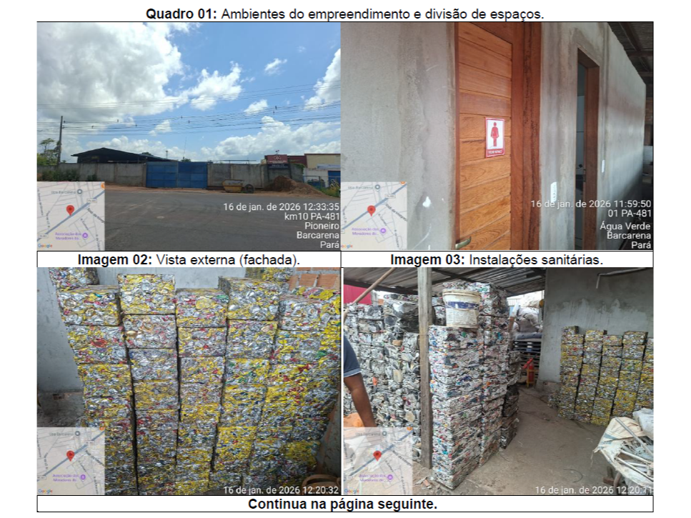 Quadro de vistoria técnica da Sucataria 3 Corações mostrando a fachada externa na PA-481, instalações sanitárias com porta de madeira e fardos de latas prensadas para reciclagem.