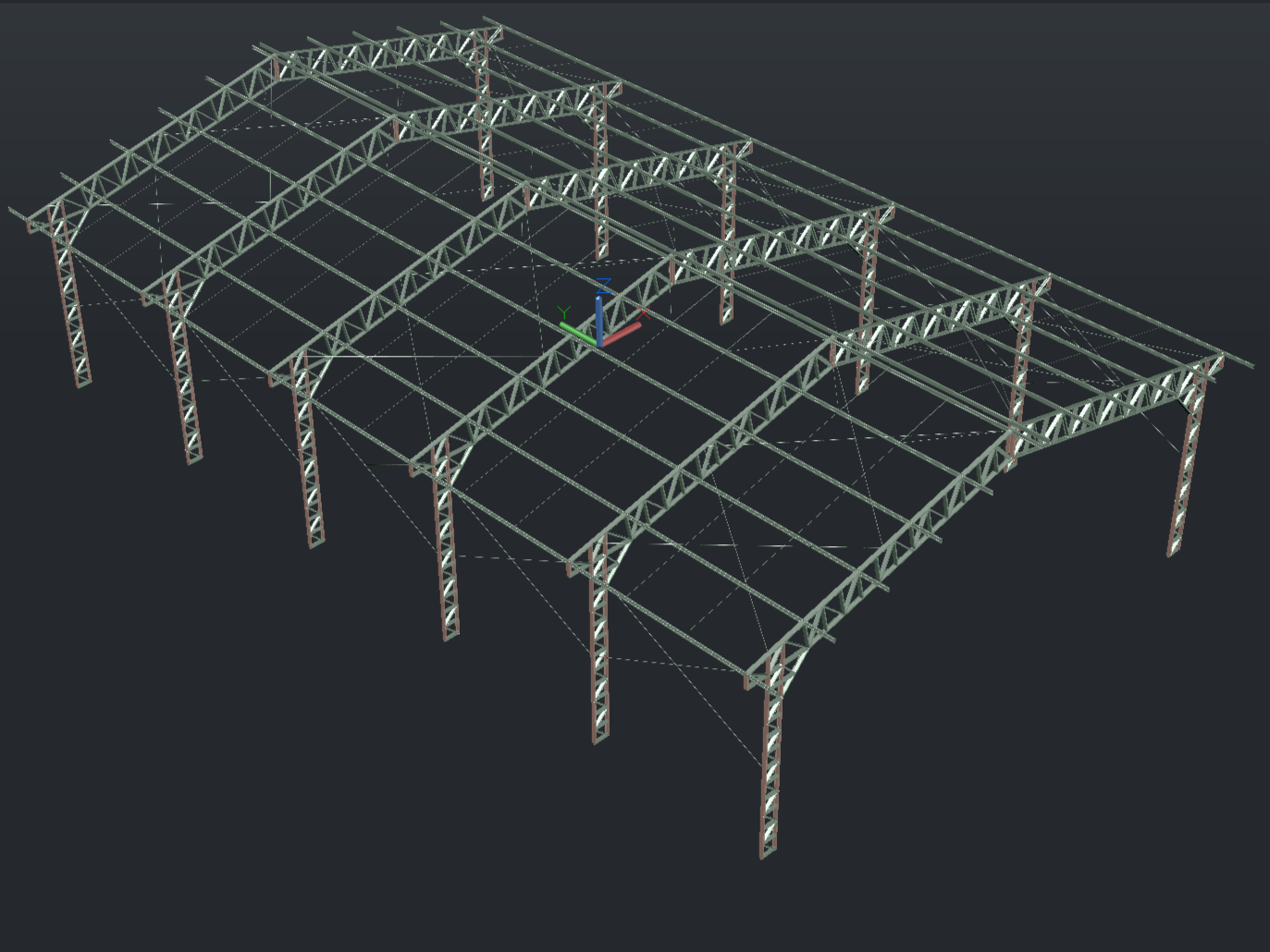 Modelo 3D de estrutura metálica para cobertura de quadra poliesportiva, destacando treliças espaciais, terças de apoio e contraventamentos em X.