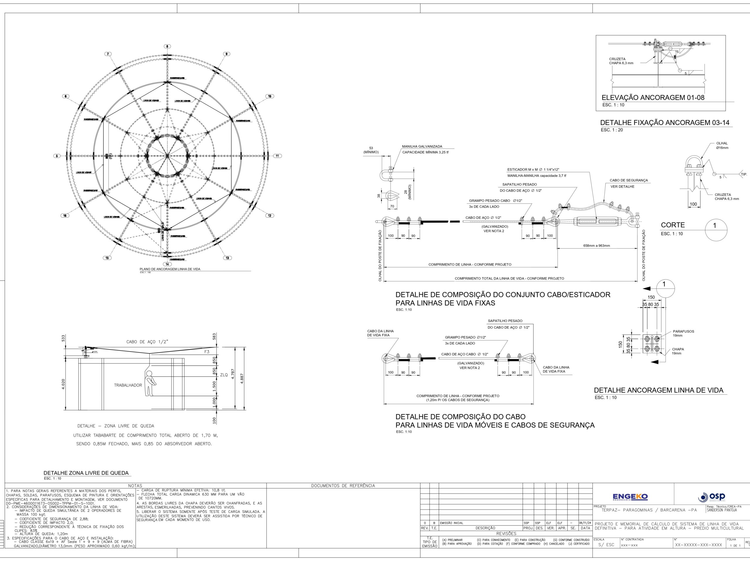 Prancha de desenho técnico de engenharia contendo planta baixa circular, elevações e detalhes de ancoragem para sistema de linha de vida em topo de tanque industrial.