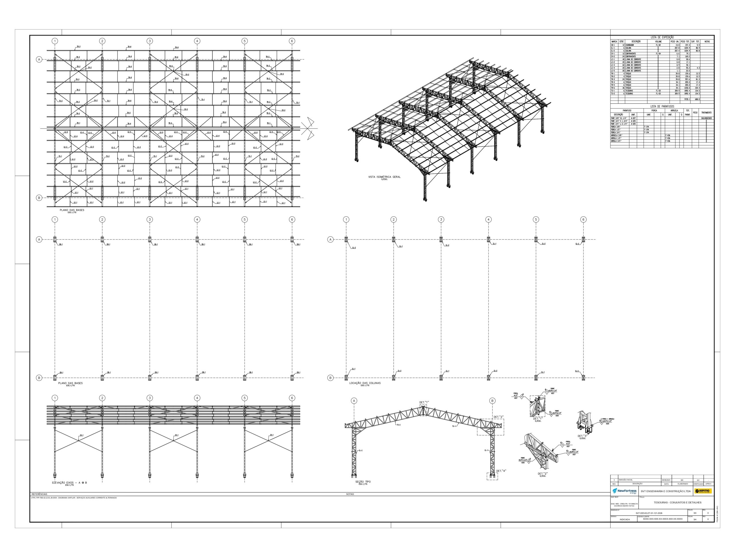 Prancha de projeto estrutural de cobertura metálica para quadra poliesportiva, contendo planta de locação, cortes, vista isométrica 3D e tabelas de materiais e perfis.