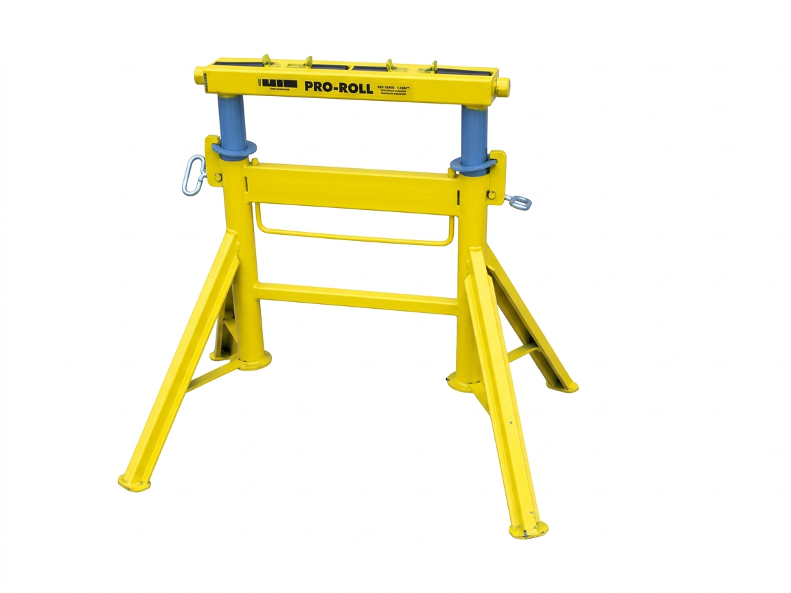 Cavalete industrial de quatro pernas amarelo, modelo Sumner Pro Roll, com ajuste de altura e mesa para apoio de tubulações de até 36 polegadas.
