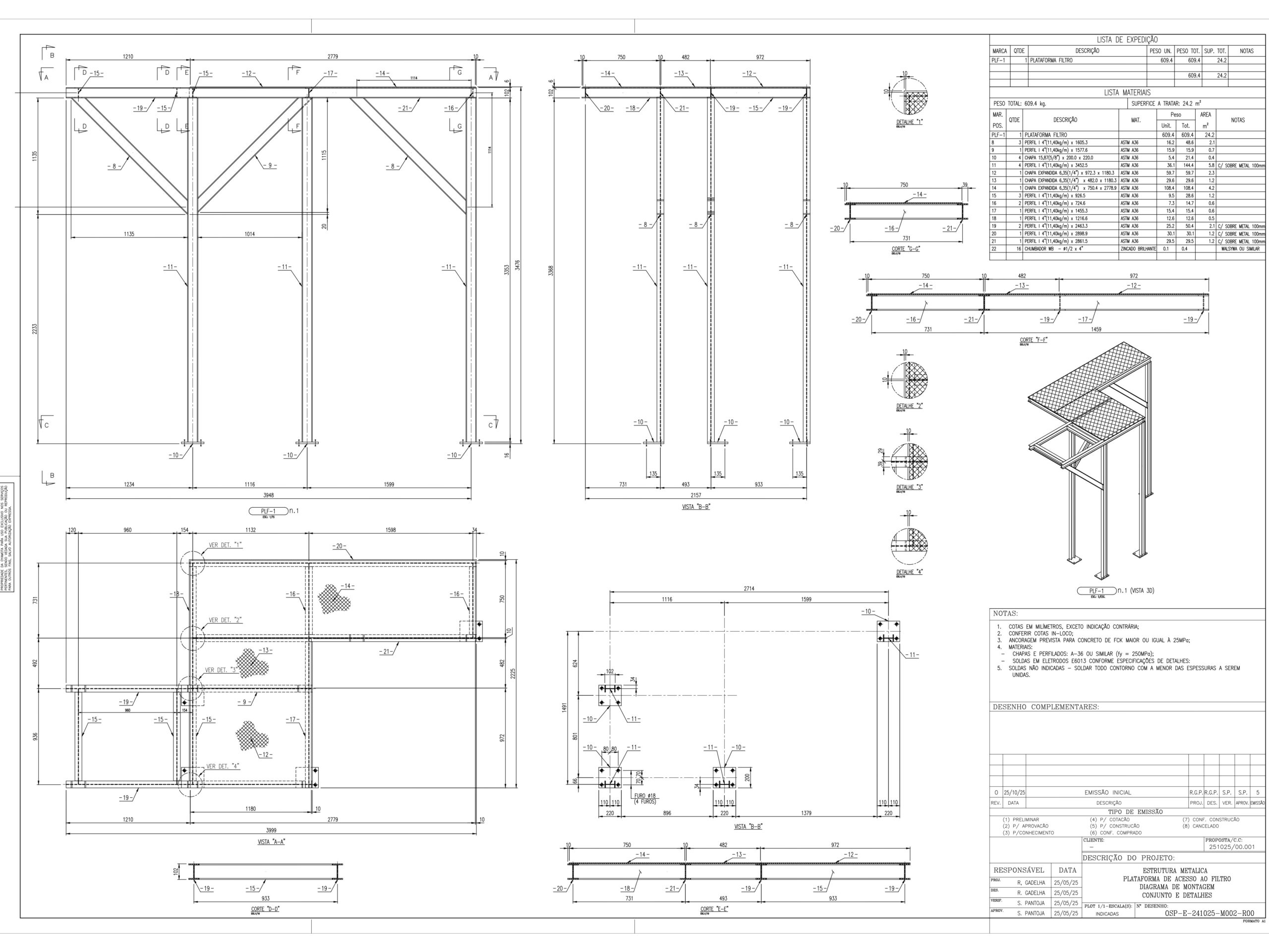 Desenho técnico detalhado de estrutura metálica em CAD, mostrando plantas, cortes, vistas isométricas e lista de materiais para fabricação.