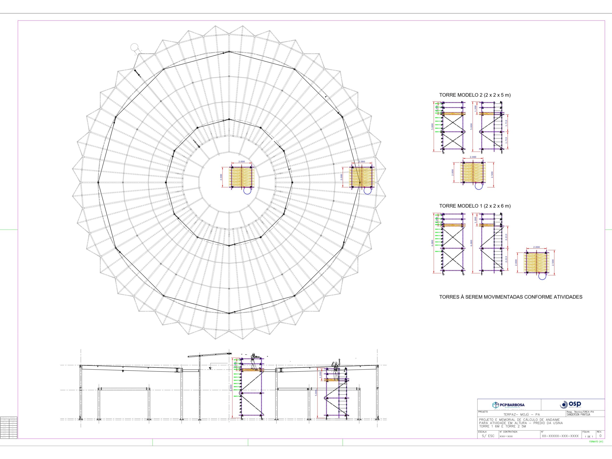 Prancha de desenho técnico de engenharia mostrando planta baixa circular de um reservatório e detalhamento de torres de andaime modelos 1 e 2 para manutenção industrial.