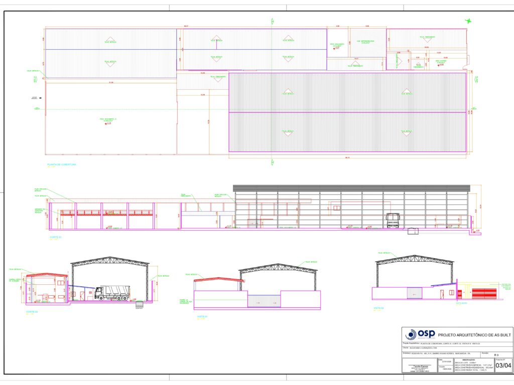 Prancha técnica de Projeto Arquitetônico "As Built" da Sucataria 3 Corações, apresentando planta de cobertura, cortes transversais e fachadas de galpões industriais.