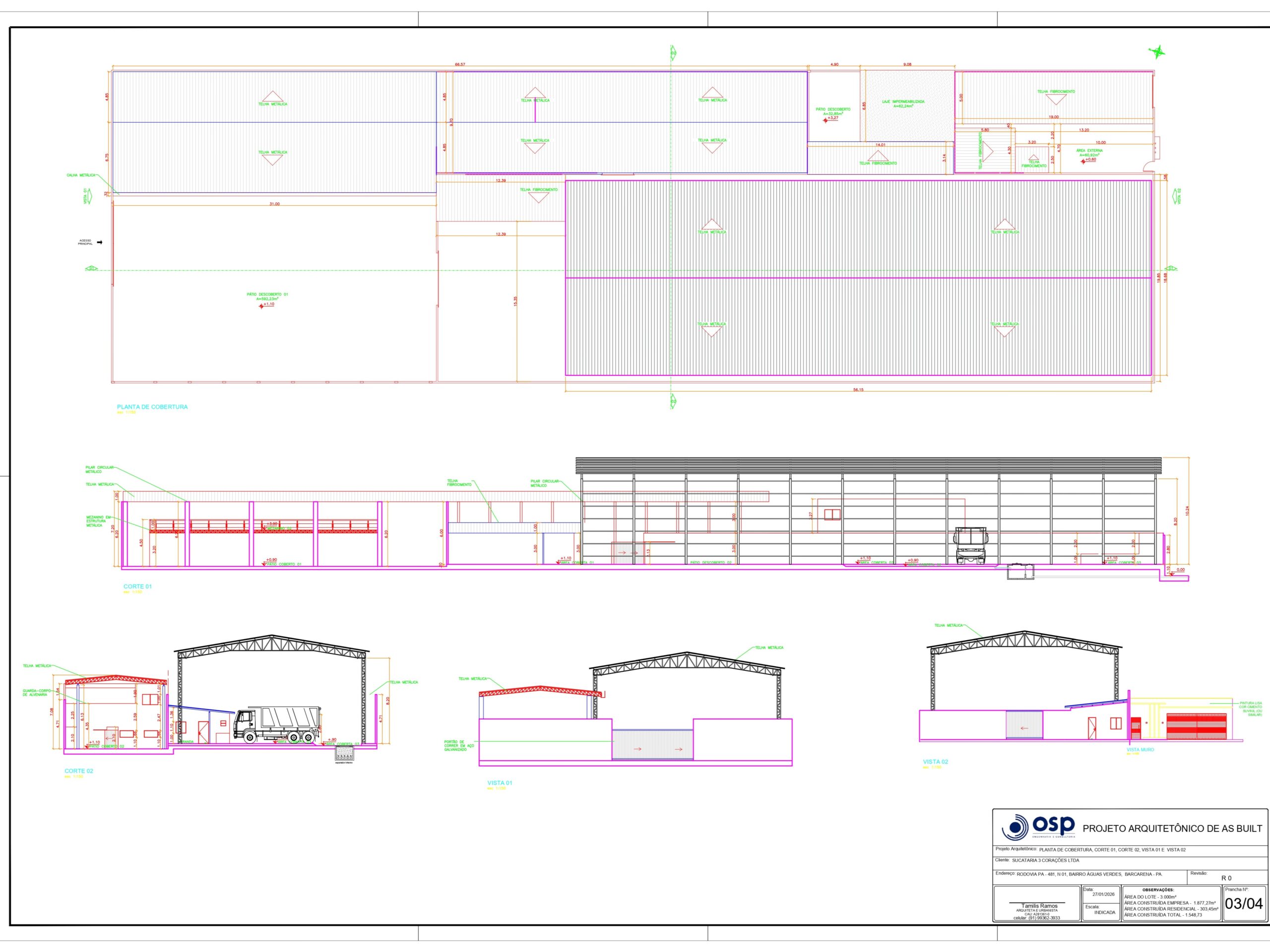 Prancha técnica de Projeto Arquitetônico "As Built" da Sucataria 3 Corações, apresentando planta de cobertura, cortes transversais e fachadas de galpões industriais.