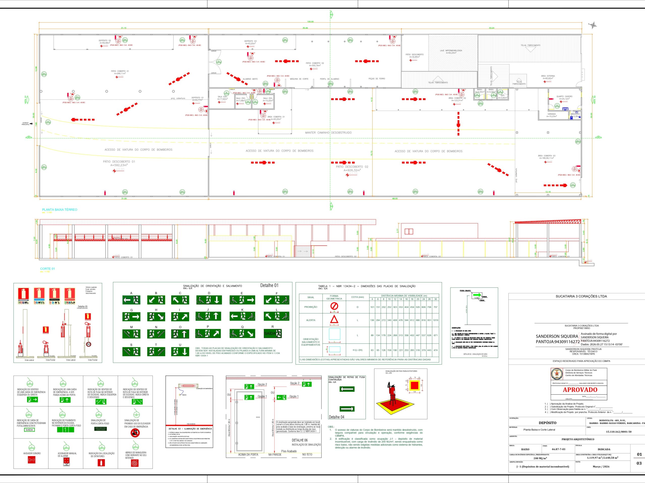 Prancha técnica aprovada pelo Corpo de Bombeiros para a Sucataria 3 Corações, contendo planta de sinalização de emergência, rotas de fuga e detalhes de extintores.