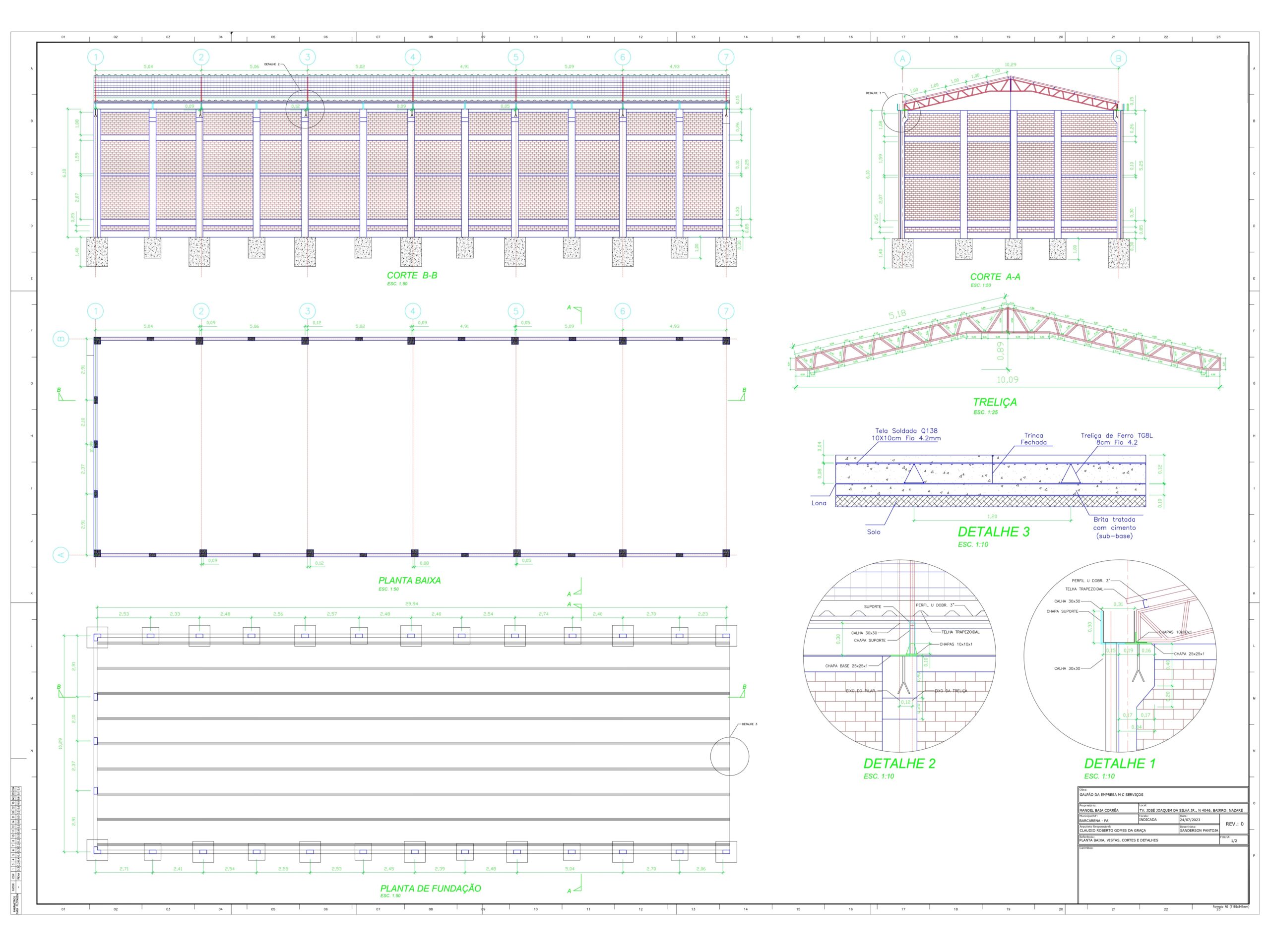 Prancha técnica de projeto estrutural para galpão, apresentando cortes transversais e longitudinais, planta baixa, planta de fundação com sapatas e detalhamento de treliça metálica.
