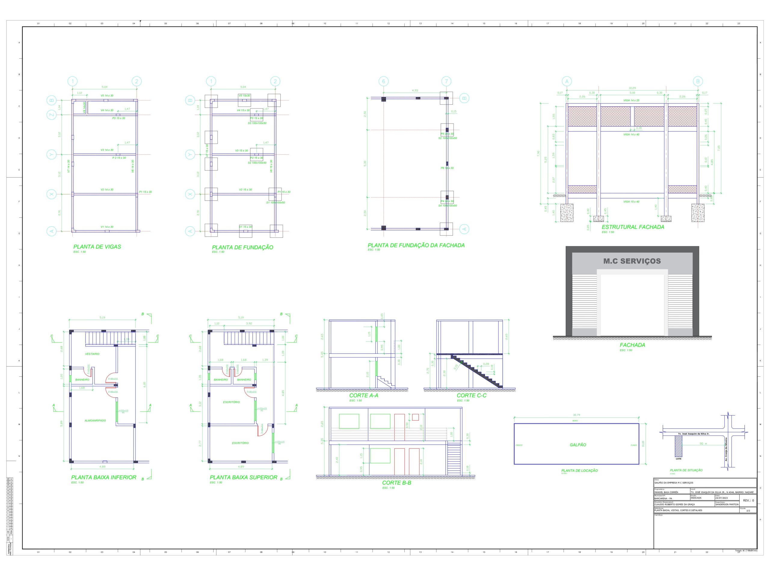 Prancha técnica completa de projeto de galpão comercial, contendo plantas de vigas, fundação, plantas baixas de dois pavimentos, cortes transversais e vista da fachada frontal.
