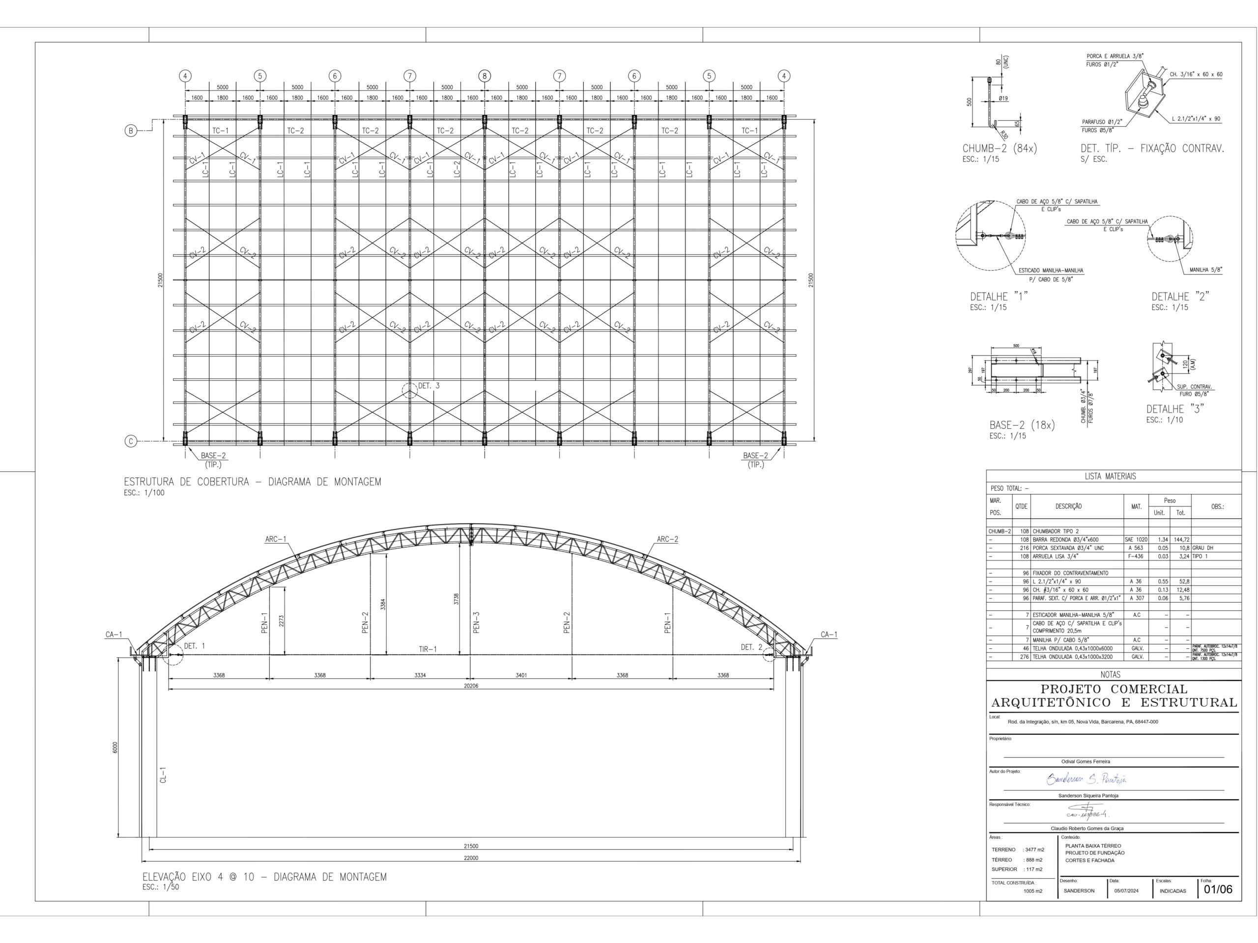 Prancha técnica de projeto estrutural mostrando diagrama de montagem de cobertura em arco metálico, planta de contraventamento e detalhes de fixação para galpão industrial.
