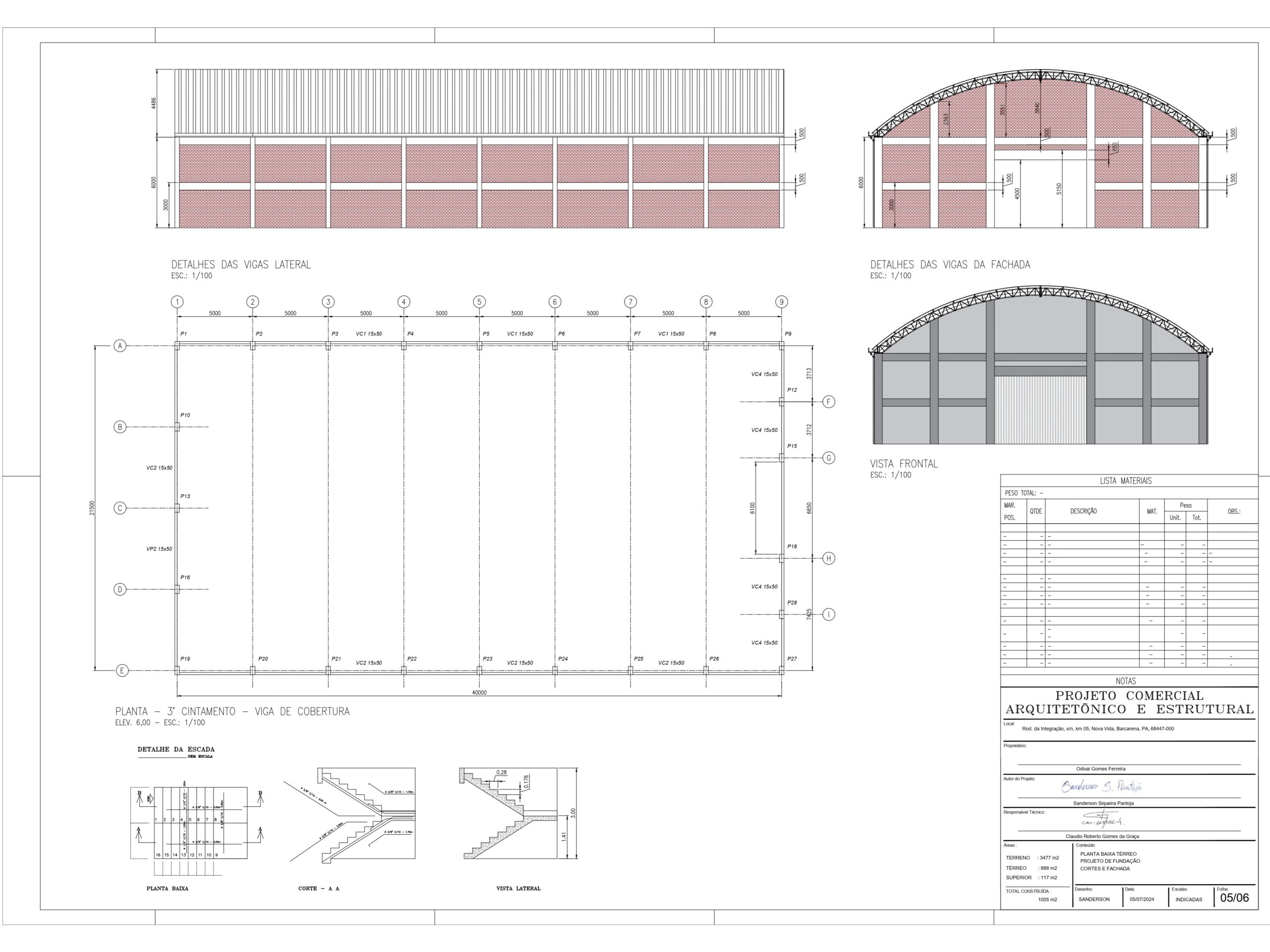 Prancha técnica de projeto comercial mostrando fachadas com arcos metálicos, planta de cintamento de vigas de cobertura e detalhes de escada metálica interna.