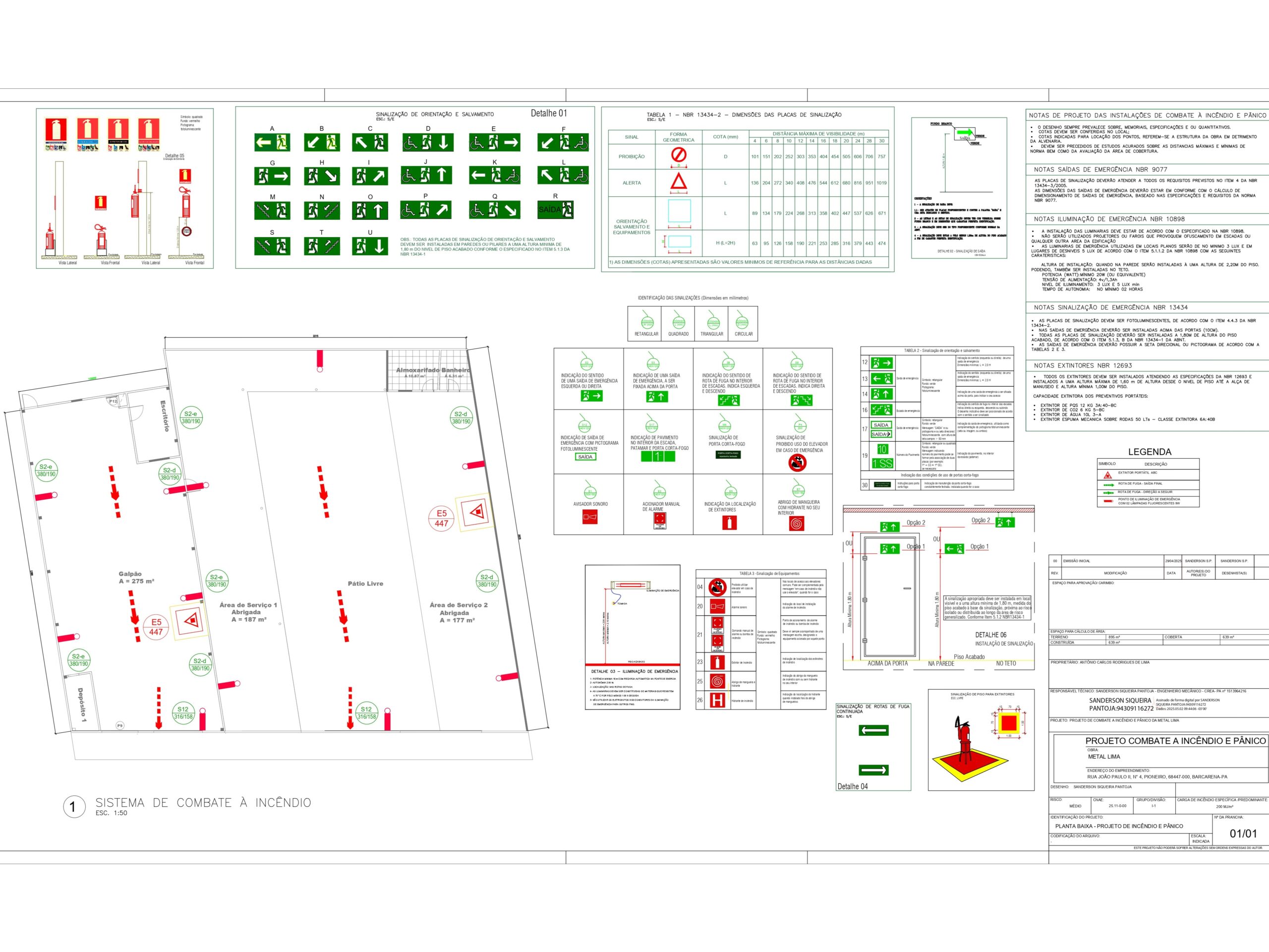 Prancha técnica de projeto de combate a incêndio e pânico, contendo planta baixa com locação de extintores, sinalização de emergência e legendas detalhadas de segurança.