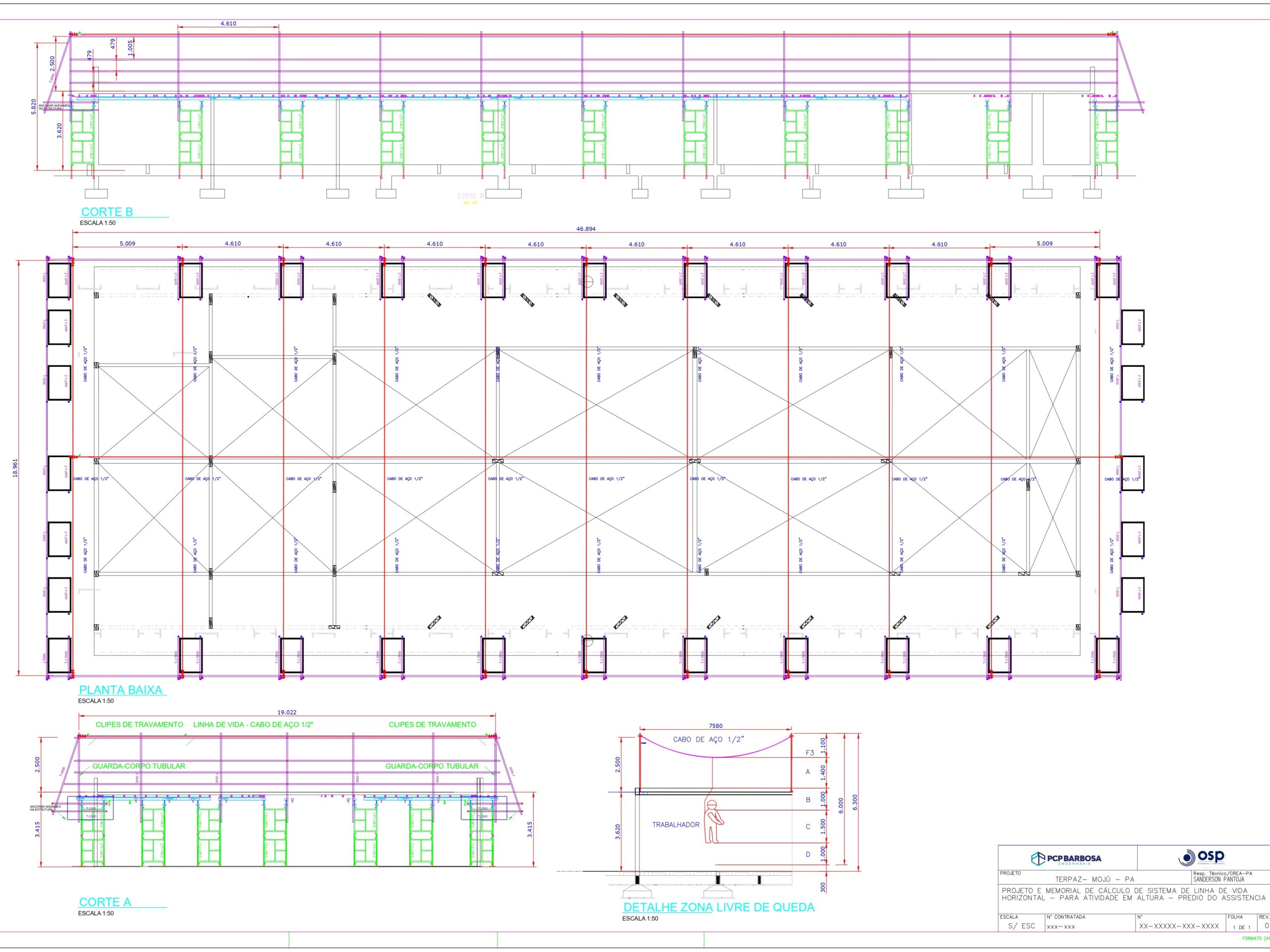 Desenho técnico de engenharia mostrando planta baixa e cortes transversais de um sistema de linha de vida horizontal e guarda-corpo tubular para galpão industrial.