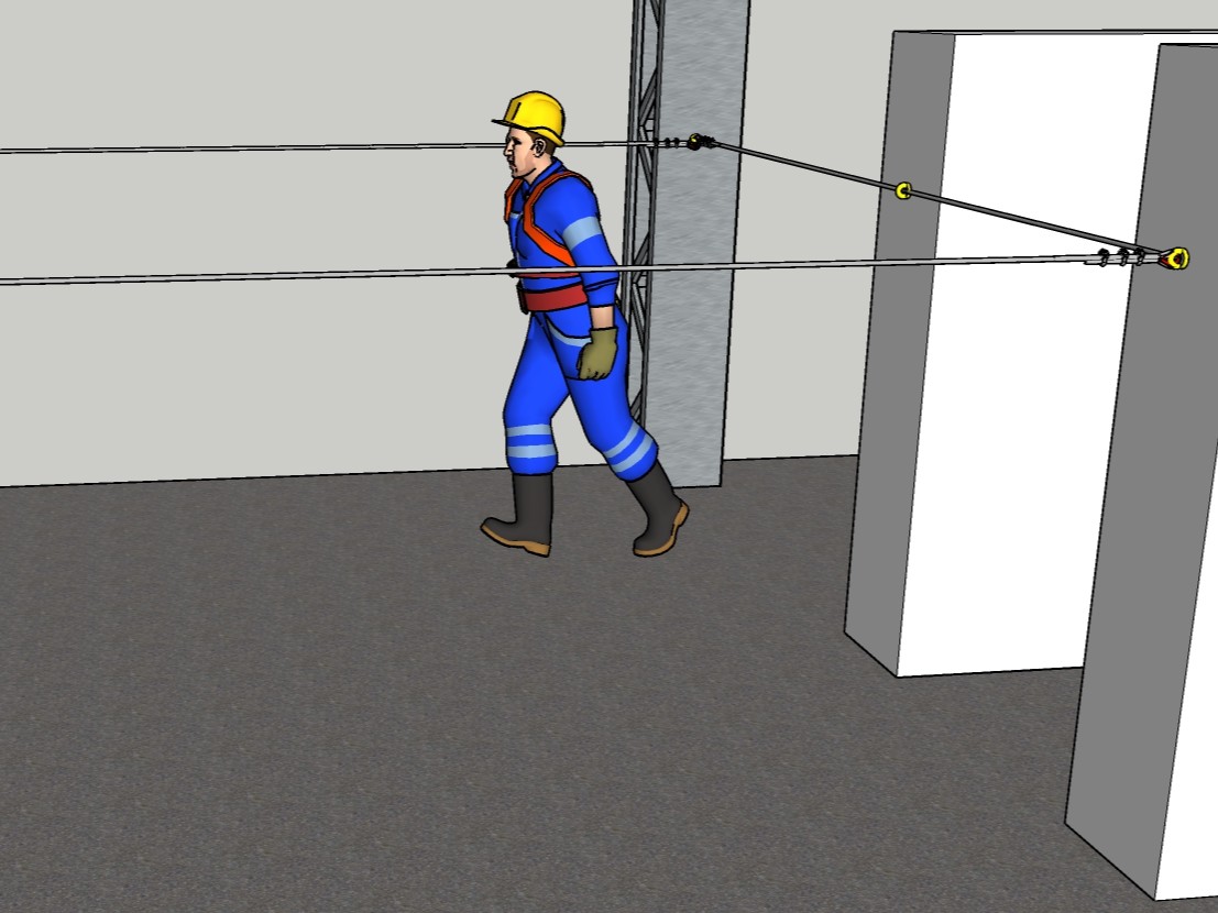 Ilustração técnica 3D de um trabalhador utilizando cinturão de segurança tipo paraquedista conectado a uma linha de vida horizontal em ambiente industrial.