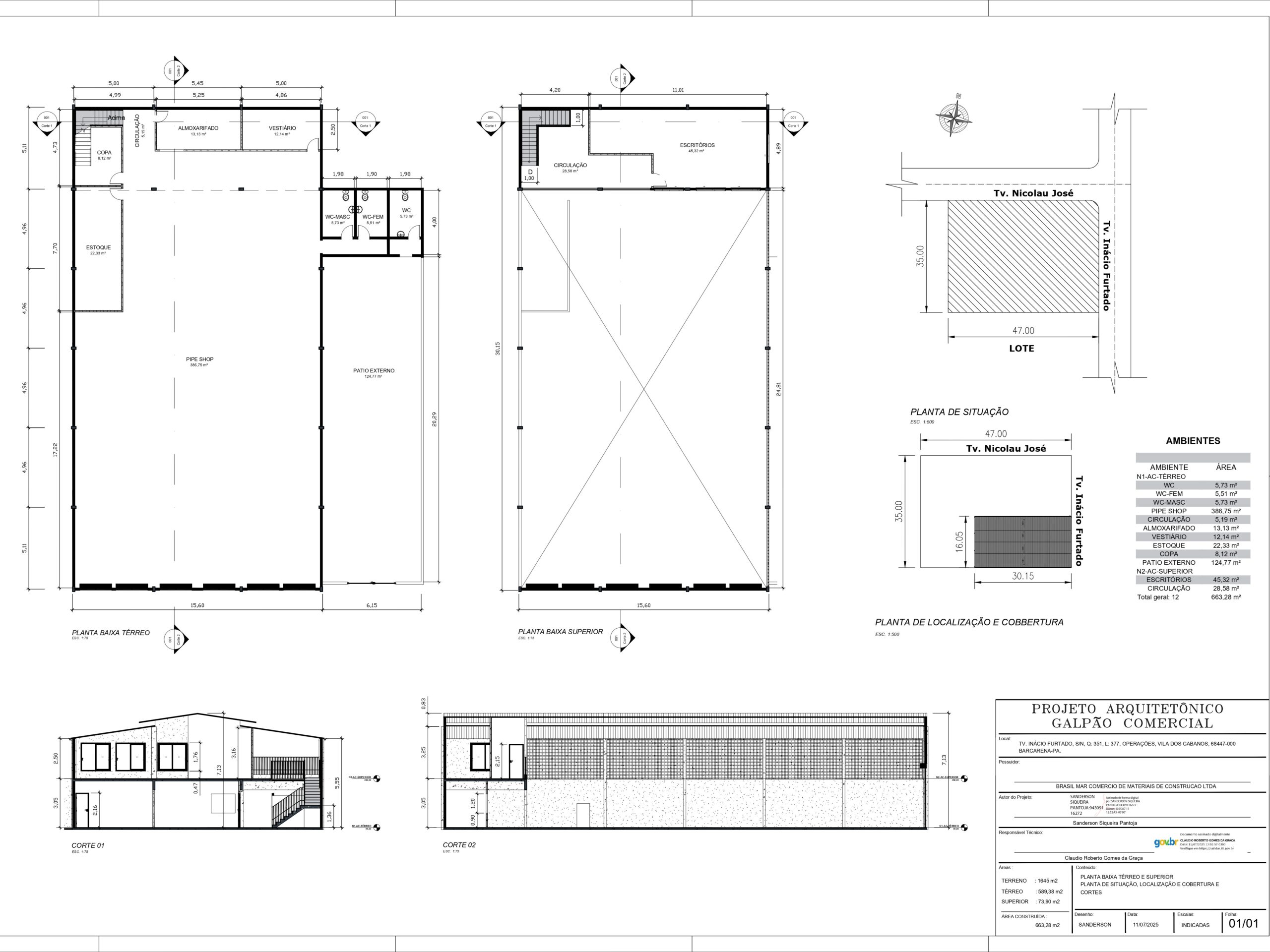 Prancha de projeto arquitetônico de galpão comercial contendo plantas baixas do térreo e superior, planta de situação, localização, cobertura e cortes técnicos detalhados.