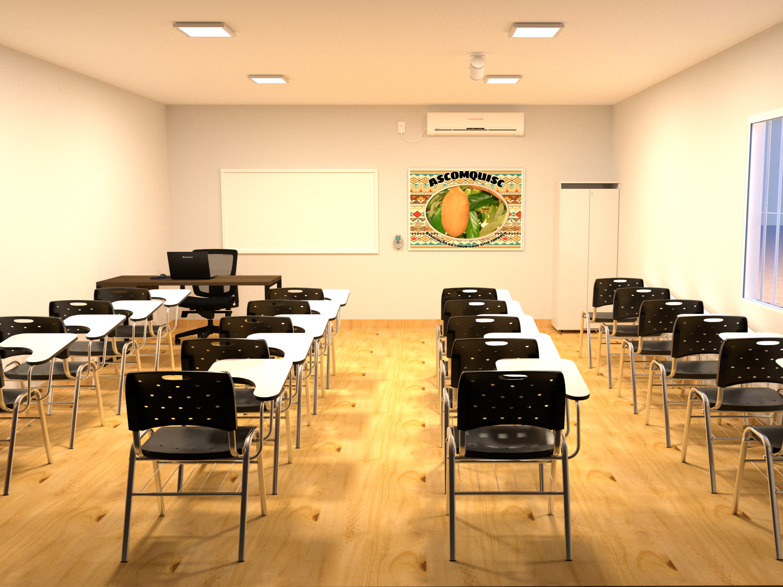 Maquete eletrônica 3D de sala de informática e treinamento com cadeiras escolares, piso amadeirado, ar-condicionado e quadro branco para o Centro Comunitário Cupuaçu.
