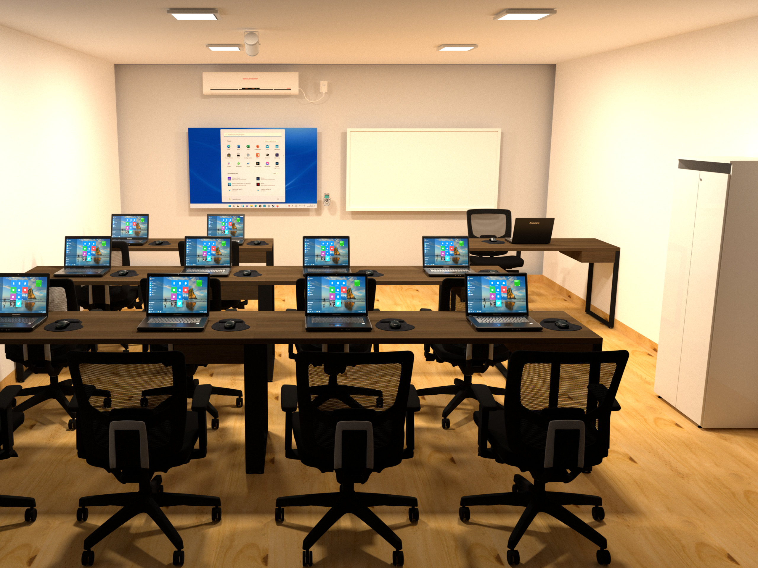 Maquete eletrônica de laboratório de informática com laptops, cadeiras ergonômicas pretas, lousa digital e ar-condicionado para o Centro Comunitário Cupuaçu.
