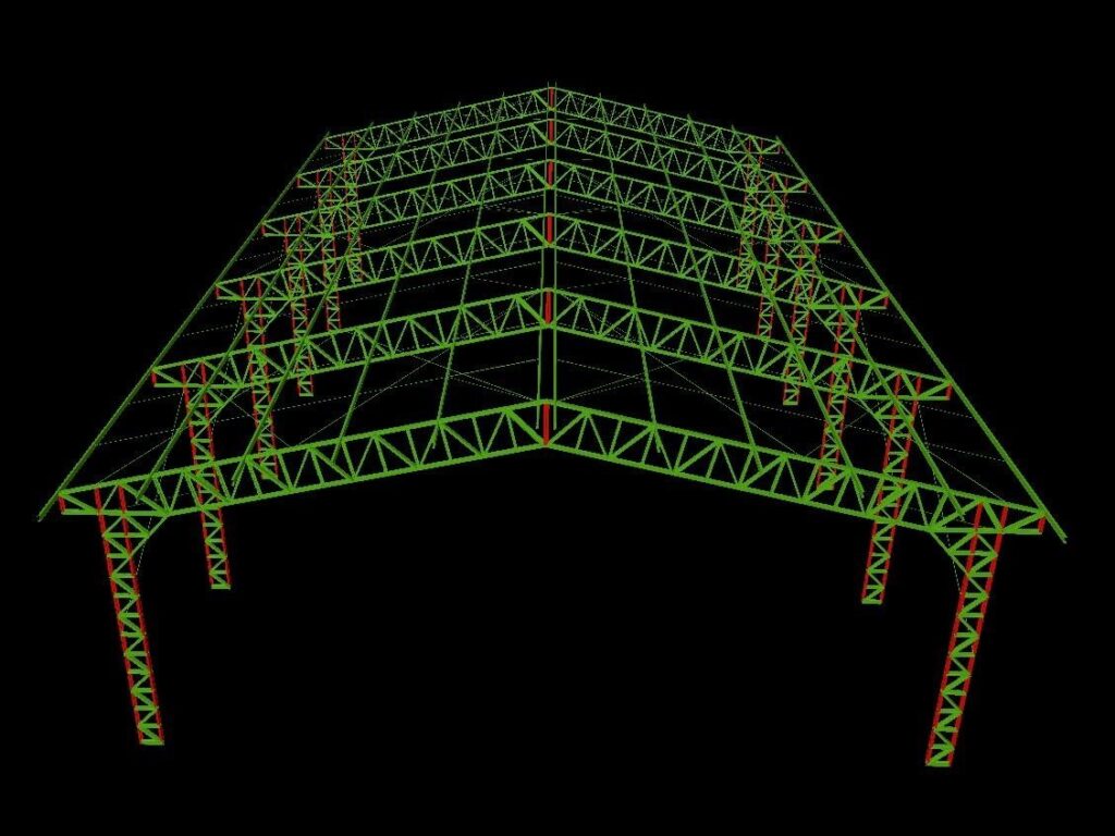 Modelo 3D de estrutura metálica para cobertura de quadra poliesportiva, destacando treliças espaciais, terças de apoio e pilares metálicos em Barcarena.