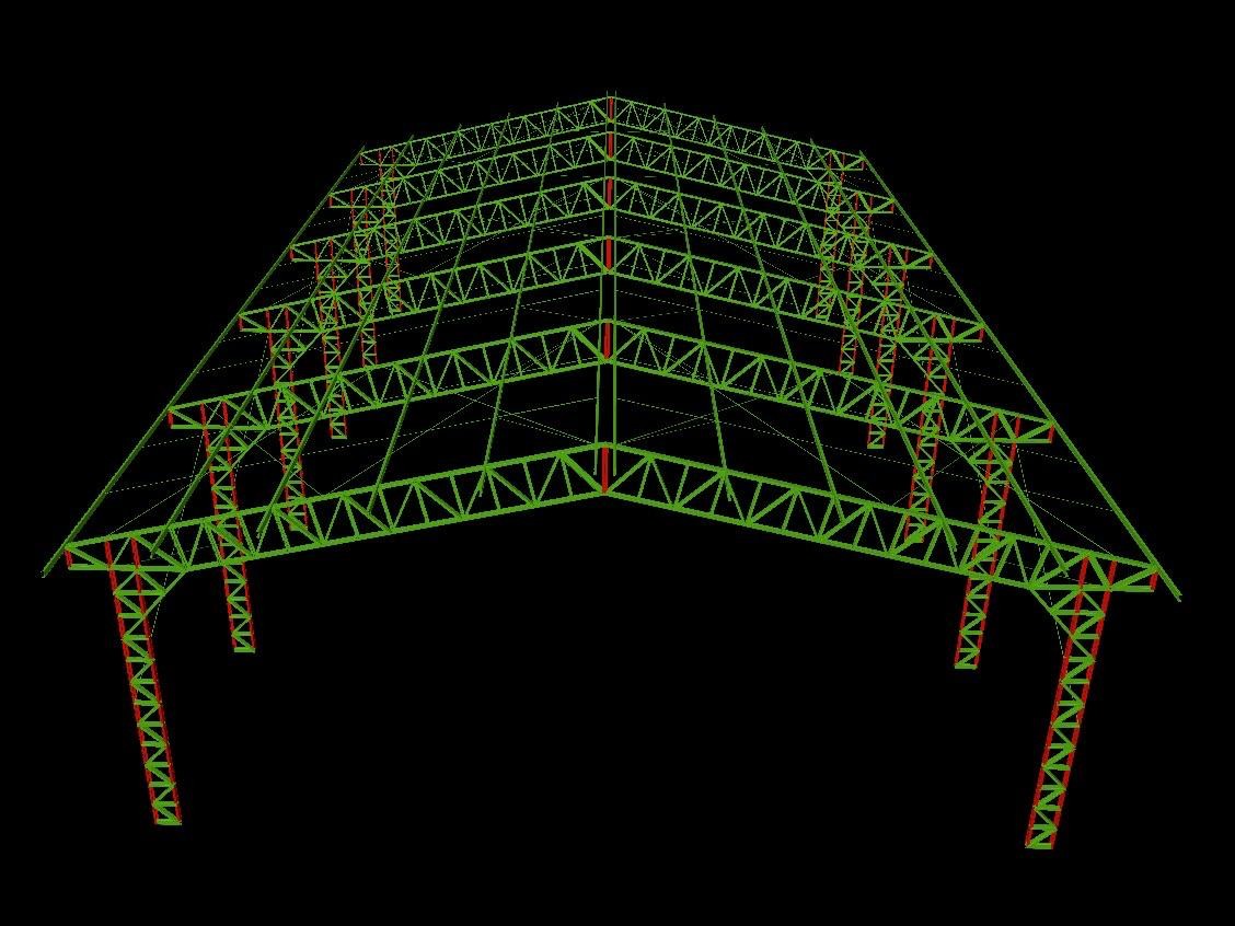 Modelo 3D de estrutura metálica para cobertura de quadra poliesportiva, destacando treliças espaciais, terças de apoio e pilares metálicos em Barcarena.