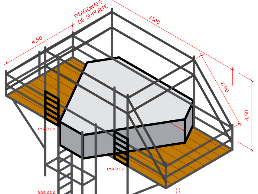 Desenho isométrico detalhado de um projeto de andaime metálico suspenso com plataformas de madeira, diagonais de suporte e escadas de acesso laterais, incluindo cotas de dimensões.
