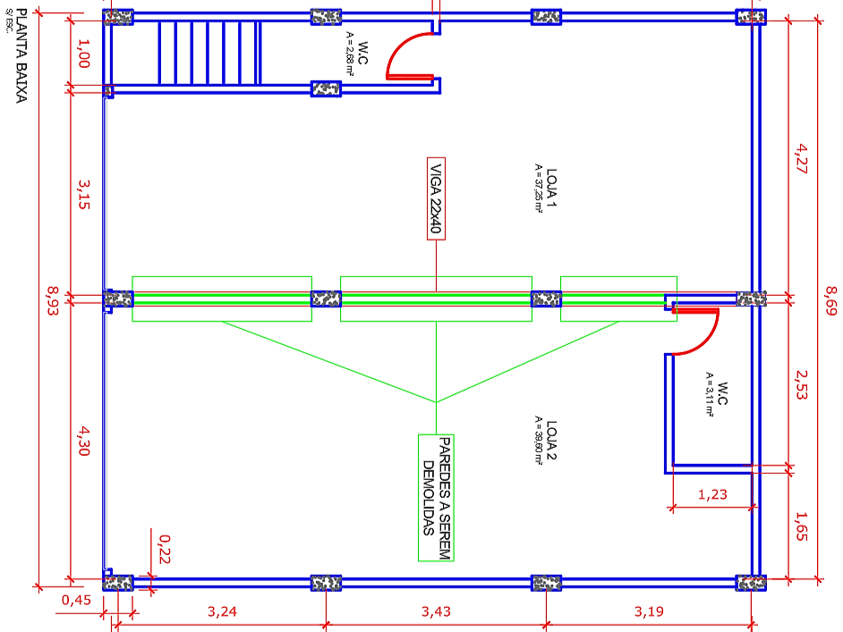 Planta baixa técnica de reforma comercial mostrando a unificação de duas lojas (Loja 1 e Loja 2) com indicação de paredes a serem demolidas e áreas de sanitários (W.C.).