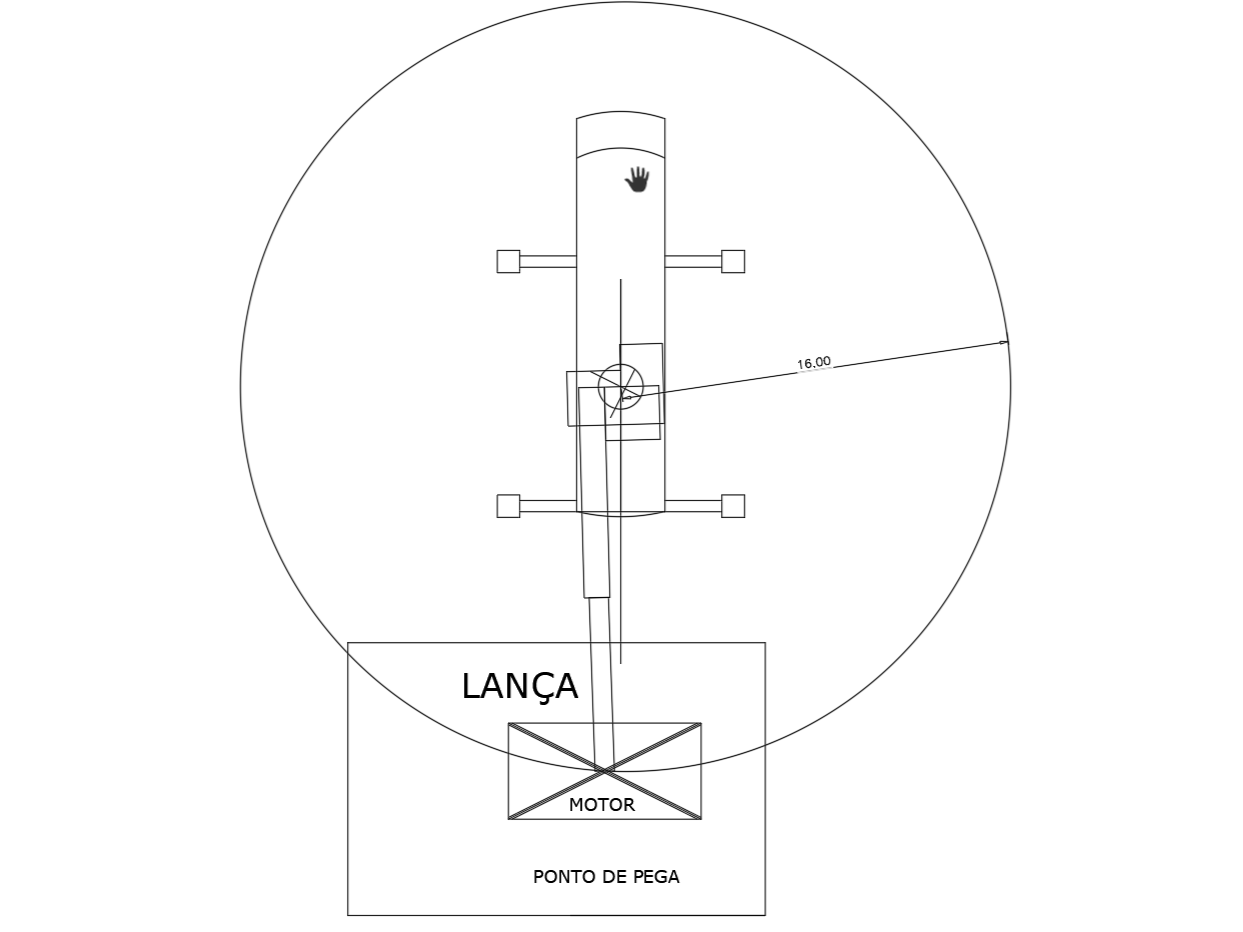 Desenho técnico de plano de rigging em vista superior, mostrando o raio de operação de 16 metros do guindaste para o içamento de um motor em área industrial.